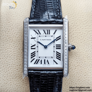 Cartier Tank Must Large K11F Diamonds Bezel 1:1 Best Edition White Dial on Black Leather Strap Ronda Quartz V3