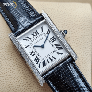 Cartier Tank Must Large K11F Diamonds Bezel 1:1 Best Edition White Dial on Black Leather Strap Ronda Quartz V3