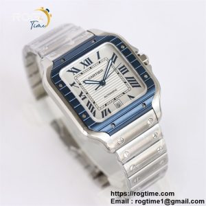 Santos De Cartier 40mm SS GF 1:1 Best Edition White Dial Blue Bezel on SS Bracelet MY9015