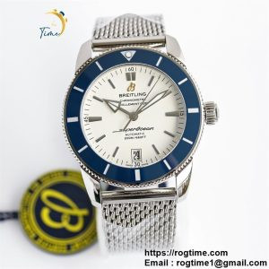 SuperOcean Heritage ii 42mm SS GF 1:1 Best Edition White Dial Blue Bezel on SS Mesh Bracelet A2824 V2