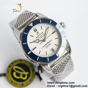 SuperOcean Heritage ii 42mm SS GF 1:1 Best Edition White Dial Blue Bezel on SS Mesh Bracelet A2824 V2