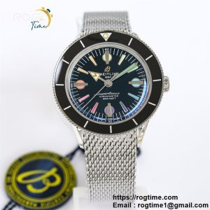 SuperOcean Heritage 42mm SS GF 1:1 Best Edition Black Ceramic Bezel Black Dial Rainbow Markers on SS Mesh Bracelet A2824