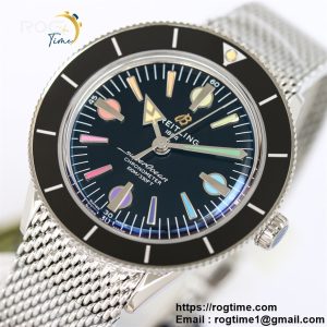 SuperOcean Heritage 42mm SS GF 1:1 Best Edition Black Ceramic Bezel Black Dial Rainbow Markers on SS Mesh Bracelet A2824