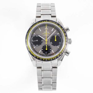 Omega HRF Speedmaster Racing Chronograph 40 Yellow Hands Gray Dial Black Tachymeter Bezel on SS Bracelet C3330