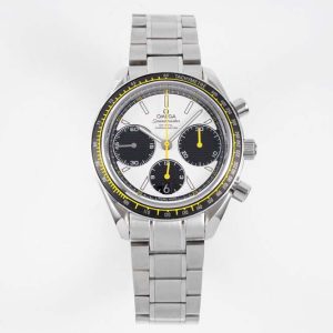 Omega HRF Speedmaster Racing Chronograph 40 Yellow Hands White Dial Black Tachymeter Bezel on SS Bracelet C3330