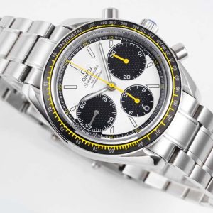 Omega HRF Speedmaster Racing Chronograph 40 Yellow Hands White Dial Black Tachymeter Bezel on SS Bracelet C3330