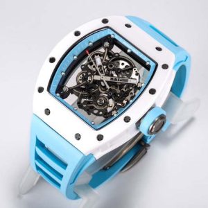 RM055 White Ceramic BBRF 1:1 Best Edition Skeleton Blue Dial on Blue Rubber Strap RMUL2