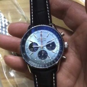 Navitimer B01 43mm SS BLS 1:1 Best Edition Light Blue Dial on Black Leather Strap A7750