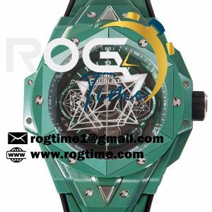 Big Bang Sang Bleu II 45mm Green Ceramic BBF 1:1 Best Edition Skeleton Dial on Green Rubber Strap A1240