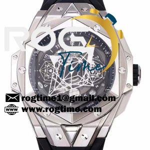 Big Bang Sang Bleu II Chrono Ti  BBF Best Edition SS Bezel Black Dial on Black Rubber Strap HUB1240